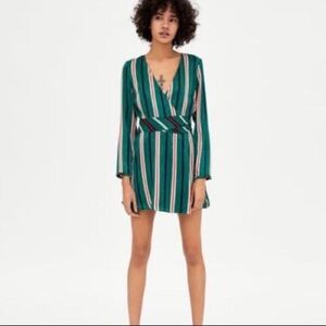 ZARA TRF Satin Green Red White Stripe Wrap Striped Mini Dress - NWOT